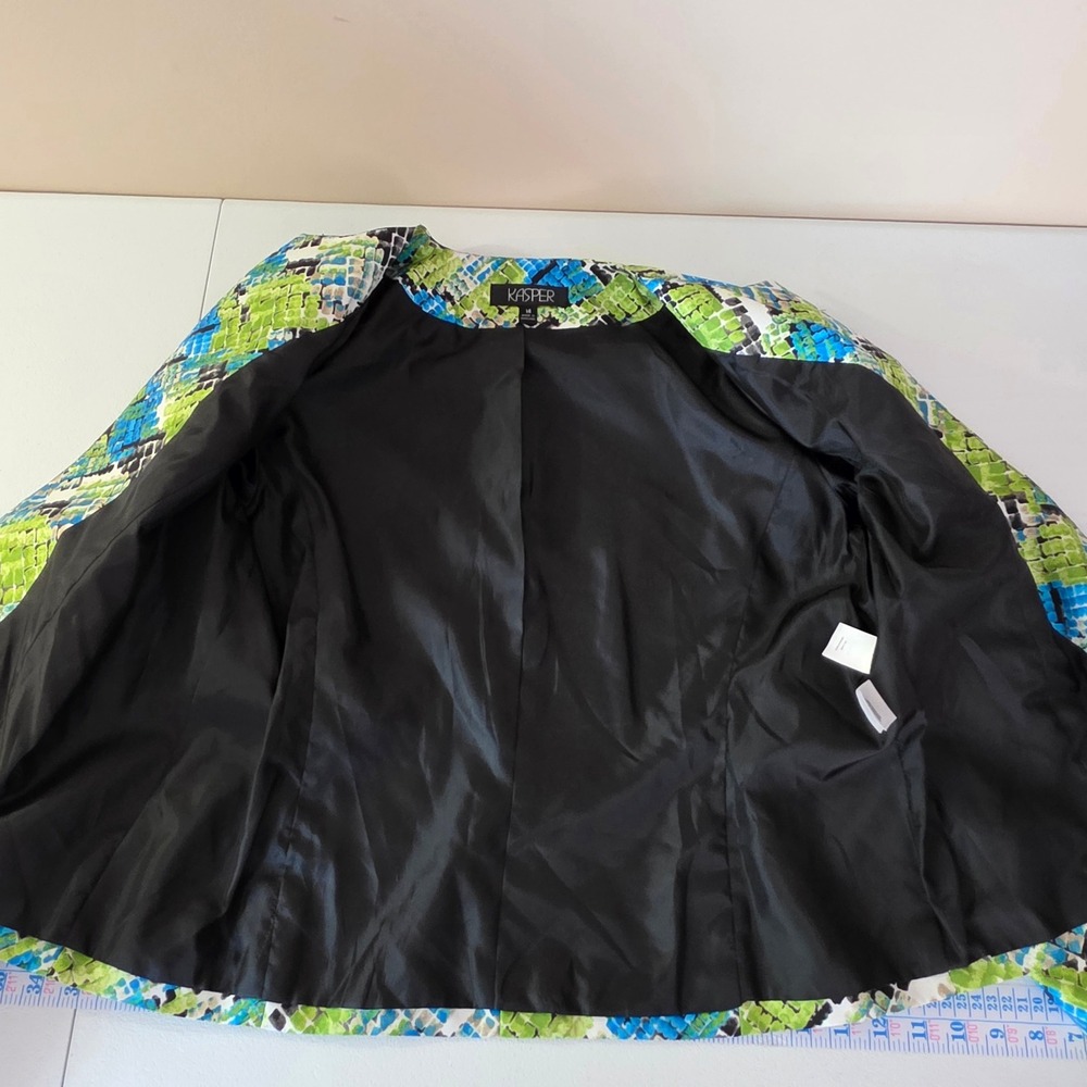 Kasper Blazer Jacket Womens 14 Green Blue Abstract Open Front Office Professiona - Picture 4 of 8